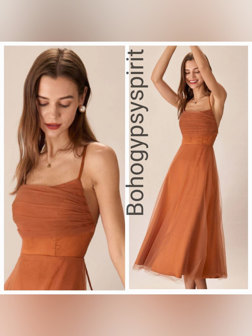 NWT Rihoas Caramel Mesh Flowy Slip Midi Dress, Large